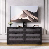 Meuble TV Naturel 6 Tiroirs de 120 cm, Meuble TV en Rotin pour Téléviseurs de 32 à 85 Pouces, pour Salon, Montage Facile