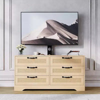 Meuble TV Naturel 6 Tiroirs de 120 cm, Meuble TV en Rotin pour Téléviseurs de 32 à 85 Pouces, pour Salon, Montage Facile