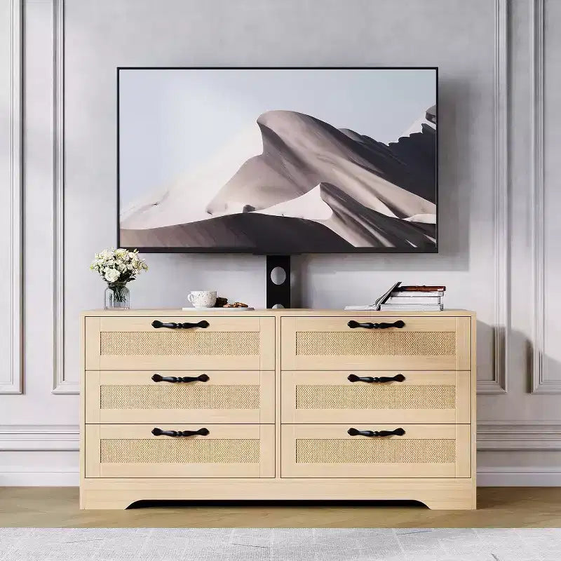 Meuble TV Naturel 6 Tiroirs de 120 cm, Meuble TV en Rotin pour Téléviseurs de 32 à 85 Pouces, pour Salon, Montage Facile