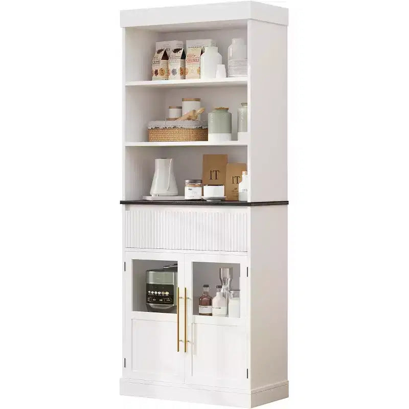 Meuble de rangement haut de 178 cm, Rangement semi-ouvert avec tiroir, 2 portes vitrées - 3 étagères réglables, Meuble de rangement polyvalent pour cuisine ou toute pièce