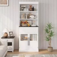 Meuble de rangement haut de 178 cm, Rangement semi-ouvert avec tiroir, 2 portes vitrées - 3 étagères réglables, Meuble de rangement polyvalent pour cuisine ou toute pièce