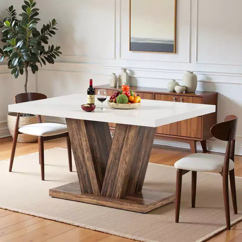 Table de salle à manger de ferme TUYOHW pour 4-6 personnes, table de cuisine rectangulaire avec plateau épais de 4 cm et support triangulaire, 120 cm de long, blanc+marron