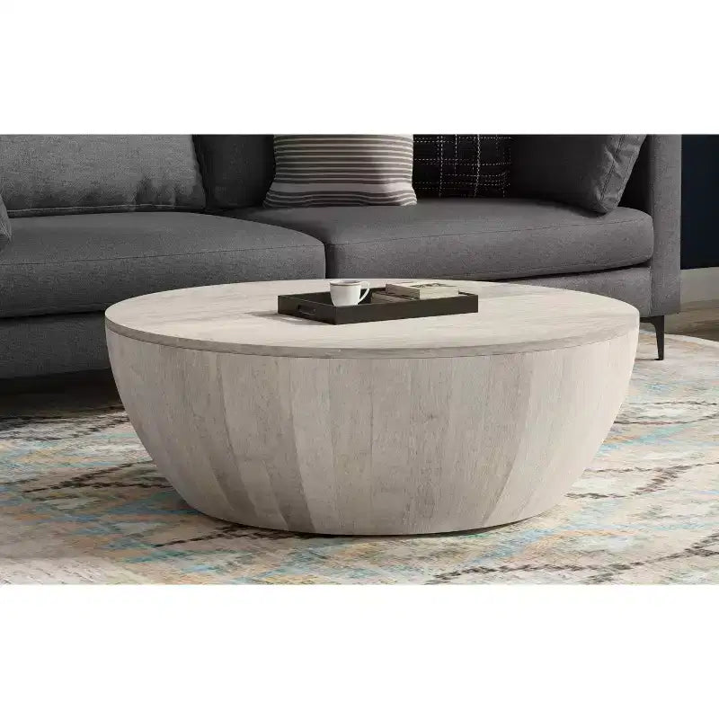 Table basse tambour industrielle moderne Keystone 34 pouces de large en manguier massif, assemblée