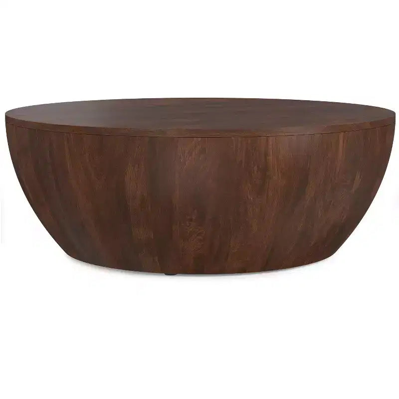 Table basse tambour industrielle moderne Keystone 34 pouces de large en manguier massif, assemblée