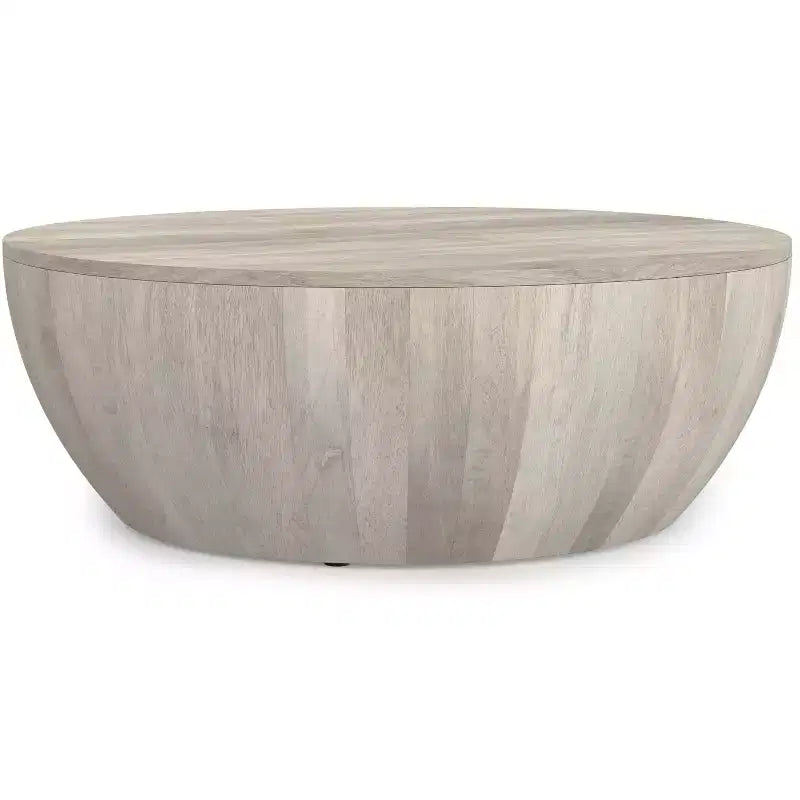 Table basse tambour industrielle moderne Keystone 34 pouces de large en manguier massif, assemblée