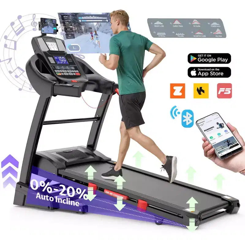Tapis de course en promotion : tapis de course pliant 4.5HP pour la maison avec inclinaison automatique 20%, capacité 300lb, contrôle par application, haut-parleurs Bluetooth, vitesse 12MPH, 71 programmes