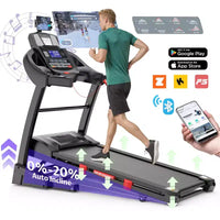 Tapis de course en promotion : tapis de course pliant 4.5HP pour la maison avec inclinaison automatique 20%, capacité 300lb, contrôle par application, haut-parleurs Bluetooth, vitesse 12MPH, 71 programmes