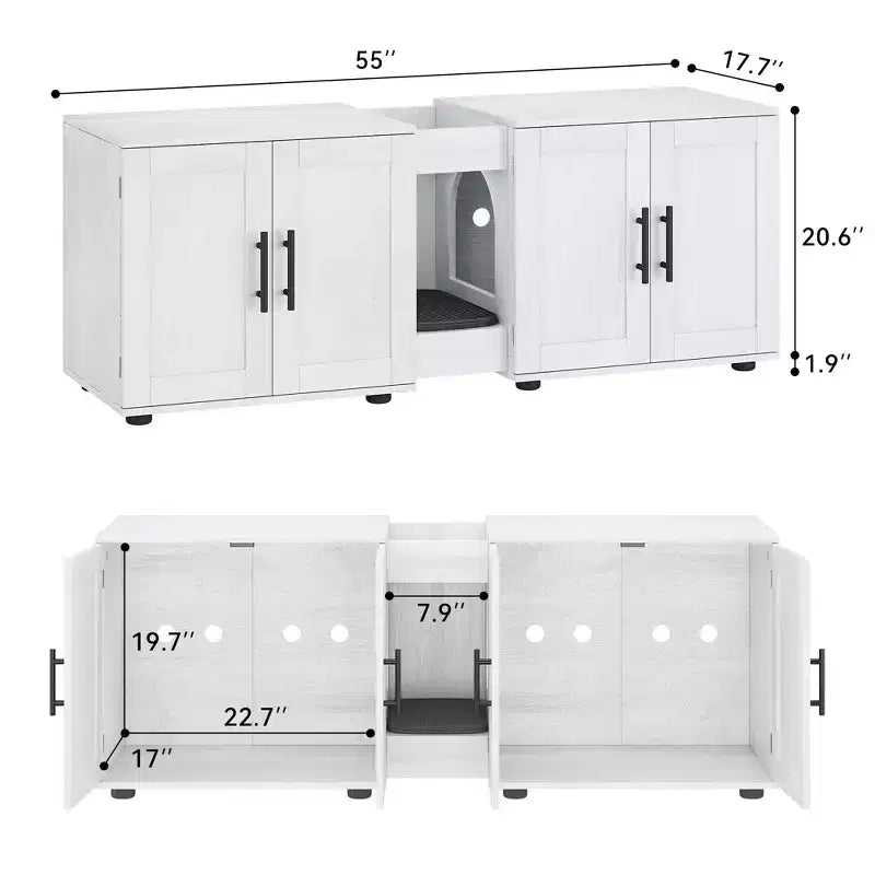 Enclos double litière 55 pour 2 chats, meuble TV, surface imperméable facile à nettoyer, attaches d'armoire et rainures de rangement, mobilier pour animaux pour salon