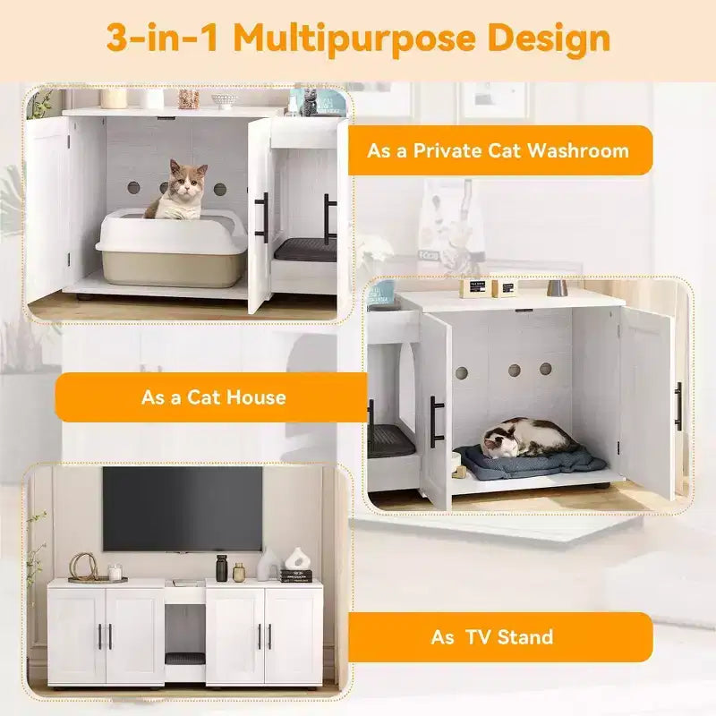 Enclos double litière 55 pour 2 chats, meuble TV, surface imperméable facile à nettoyer, attaches d'armoire et rainures de rangement, mobilier pour animaux pour salon