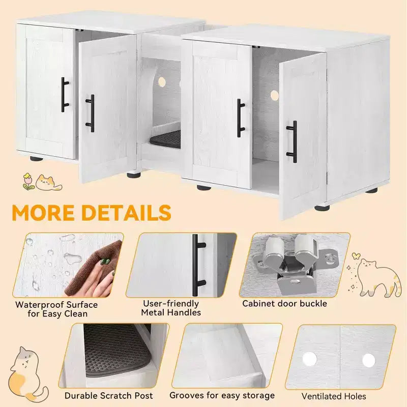 Enclos double litière 55 pour 2 chats, meuble TV, surface imperméable facile à nettoyer, attaches d'armoire et rainures de rangement, mobilier pour animaux pour salon
