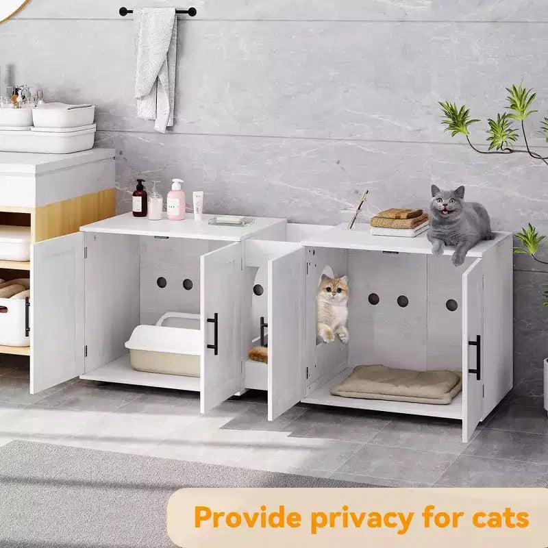 Enclos double litière 55 pour 2 chats, meuble TV, surface imperméable facile à nettoyer, attaches d'armoire et rainures de rangement, mobilier pour animaux pour salon