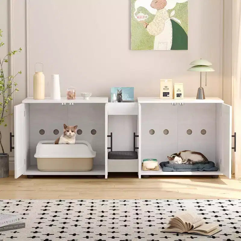 Enclos double litière 55 pour 2 chats, meuble TV, surface imperméable facile à nettoyer, attaches d'armoire et rainures de rangement, mobilier pour animaux pour salon