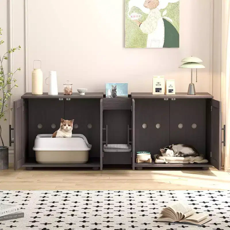 Enclos double litière 55 pour 2 chats, meuble TV, surface imperméable facile à nettoyer, attaches d'armoire et rainures de rangement, mobilier pour animaux pour salon