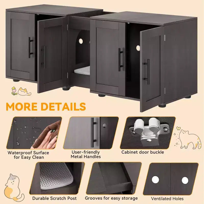 Enclos double litière 55 pour 2 chats, meuble TV, surface imperméable facile à nettoyer, attaches d'armoire et rainures de rangement, mobilier pour animaux pour salon