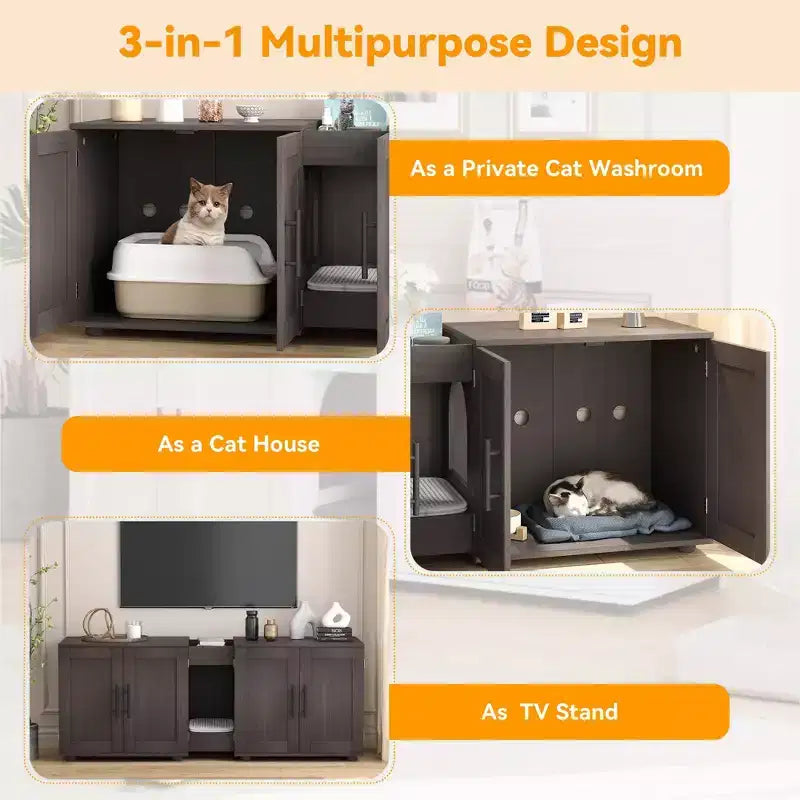 Enclos double litière 55 pour 2 chats, meuble TV, surface imperméable facile à nettoyer, attaches d'armoire et rainures de rangement, mobilier pour animaux pour salon