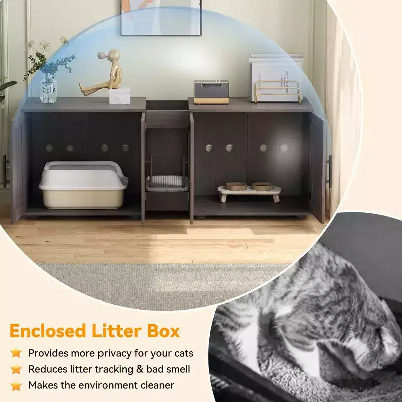 Enclos double litière 55 pour 2 chats, meuble TV, surface imperméable facile à nettoyer, attaches d'armoire et rainures de rangement, mobilier pour animaux pour salon