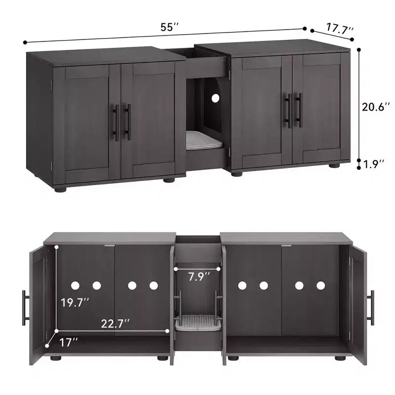 Enclos double litière 55 pour 2 chats, meuble TV, surface imperméable facile à nettoyer, attaches d'armoire et rainures de rangement, mobilier pour animaux pour salon