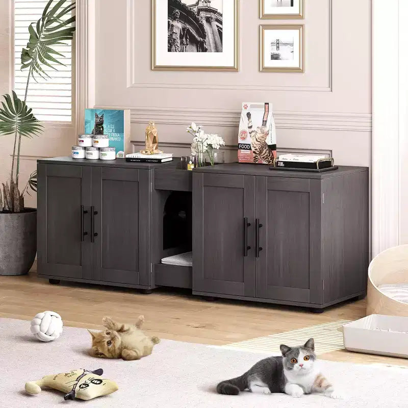 Enclos double litière 55 pour 2 chats, meuble TV, surface imperméable facile à nettoyer, attaches d'armoire et rainures de rangement, mobilier pour animaux pour salon