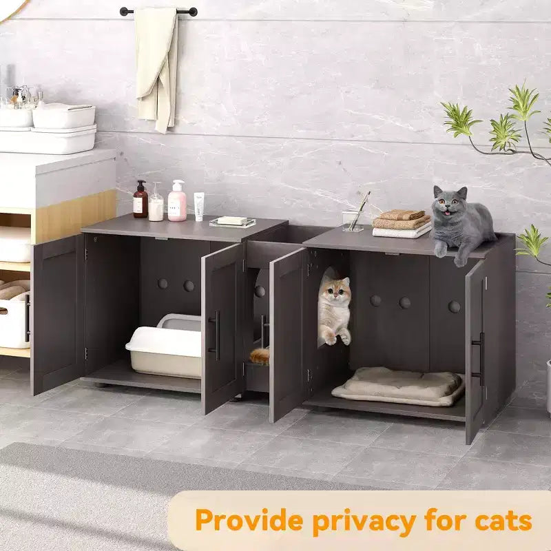 Enclos double litière 55 pour 2 chats, meuble TV, surface imperméable facile à nettoyer, attaches d'armoire et rainures de rangement, mobilier pour animaux pour salon