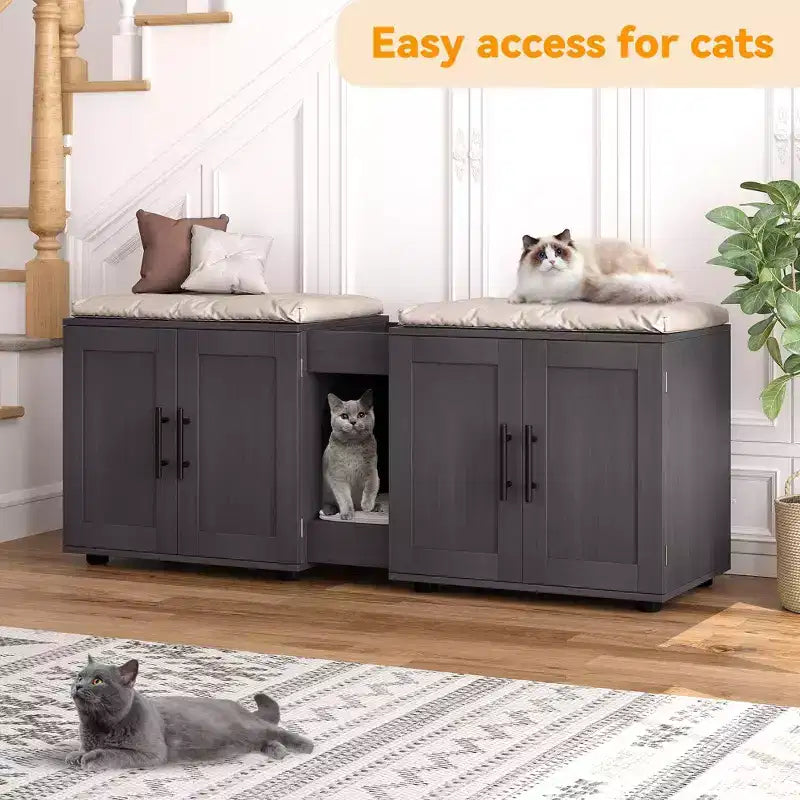 Enclos double litière 55 pour 2 chats, meuble TV, surface imperméable facile à nettoyer, attaches d'armoire et rainures de rangement, mobilier pour animaux pour salon