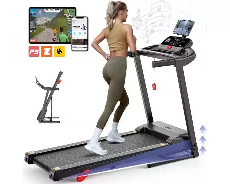 Tapis de course en solde : Tapis de course pliable portable 3 CV pour la maison, inclinaison 9 %, 12 km/h, écran LED, contrôle via application, 64 programmes, Bluetooth, genouillères incluses
