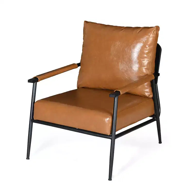 Fauteuil d'appoint, Moderne du milieu du siècle, Similicuir marron, Dossier haut rembourré, Cadre métallique, Accoudoirs en bois, pour Salon Chambre Bureau