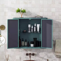 Meuble-lavabo de salle de bain mural avec miroir, deux portes miroir et étagères ouvertes ; Armoire de rangement de style à cadre métallique avec compartiments ouverts