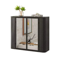 Meuble-lavabo de salle de bain mural avec miroir, deux portes miroir et étagères ouvertes ; Armoire de rangement de style à cadre métallique avec compartiments ouverts