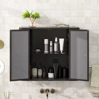 Meuble-lavabo de salle de bain mural avec miroir, deux portes miroir et étagères ouvertes ; Armoire de rangement de style à cadre métallique avec compartiments ouverts
