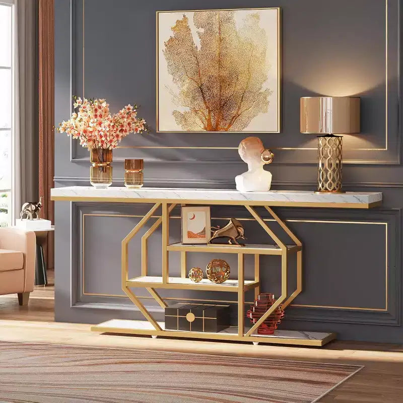 Table console extra longue Lantine 70.9 pouces, table de canapé moderne dorée avec rangement 4 niveaux pour salon, couloir, entrée, faux marbre blanc