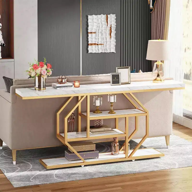 Table console extra longue Lantine 70.9 pouces, table de canapé moderne dorée avec rangement 4 niveaux pour salon, couloir, entrée, faux marbre blanc