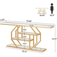 Table console extra longue Lantine 70.9 pouces, table de canapé moderne dorée avec rangement 4 niveaux pour salon, couloir, entrée, faux marbre blanc