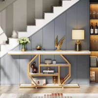 Table console extra longue Lantine 70.9 pouces, table de canapé moderne dorée avec rangement 4 niveaux pour salon, couloir, entrée, faux marbre blanc