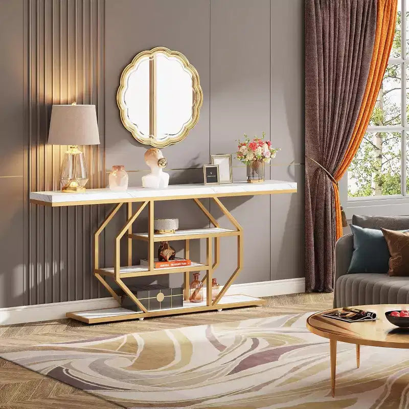 Table console extra longue Lantine 70.9 pouces, table de canapé moderne dorée avec rangement 4 niveaux pour salon, couloir, entrée, faux marbre blanc