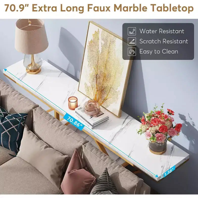 Table console extra longue Lantine 70.9 pouces, table de canapé moderne dorée avec rangement 4 niveaux pour salon, couloir, entrée, faux marbre blanc
