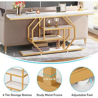 Table console extra longue Lantine 70.9 pouces, table de canapé moderne dorée avec rangement 4 niveaux pour salon, couloir, entrée, faux marbre blanc