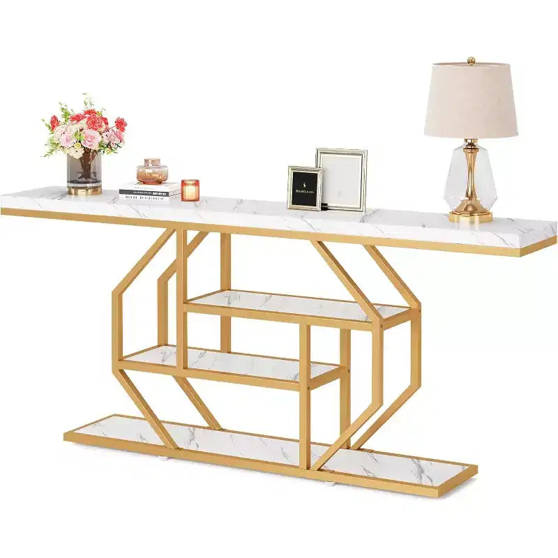 Table console extra longue Lantine 70.9 pouces, table de canapé moderne dorée avec rangement 4 niveaux pour salon, couloir, entrée, faux marbre blanc