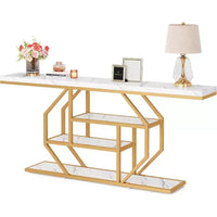 Table console extra longue Lantine 70.9 pouces, table de canapé moderne dorée avec rangement 4 niveaux pour salon, couloir, entrée, faux marbre blanc