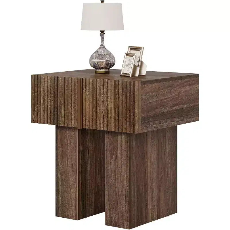 Lantine Table de chevet cannelée, table de nuit en bois avec tiroir de rangement, table d'appoint moderne pour chambre
