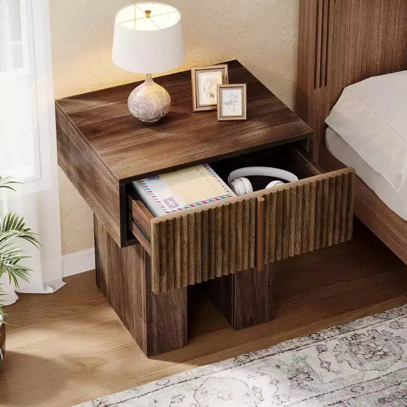 Lantine Table de chevet cannelée, table de nuit en bois avec tiroir de rangement, table d'appoint moderne pour chambre