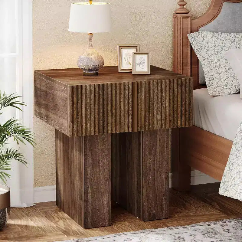 Lantine Table de chevet cannelée, table de nuit en bois avec tiroir de rangement, table d'appoint moderne pour chambre