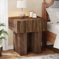 Lantine Table de chevet cannelée, table de nuit en bois avec tiroir de rangement, table d'appoint moderne pour chambre