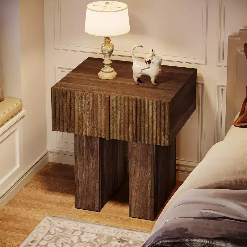 Lantine Table de chevet cannelée, table de nuit en bois avec tiroir de rangement, table d'appoint moderne pour chambre