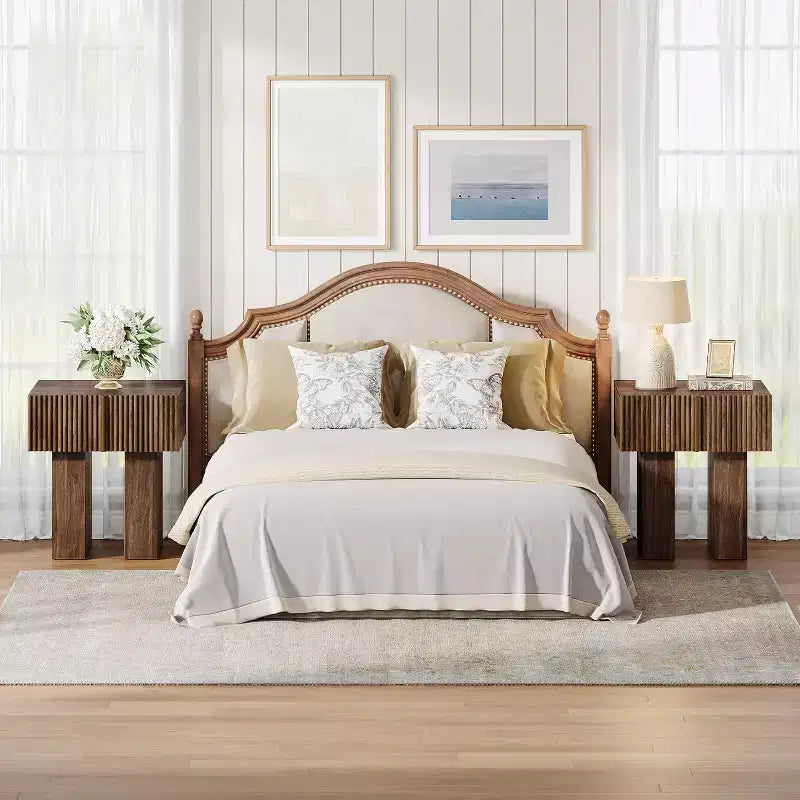 Lantine Table de chevet cannelée, table de nuit en bois avec tiroir de rangement, table d'appoint moderne pour chambre