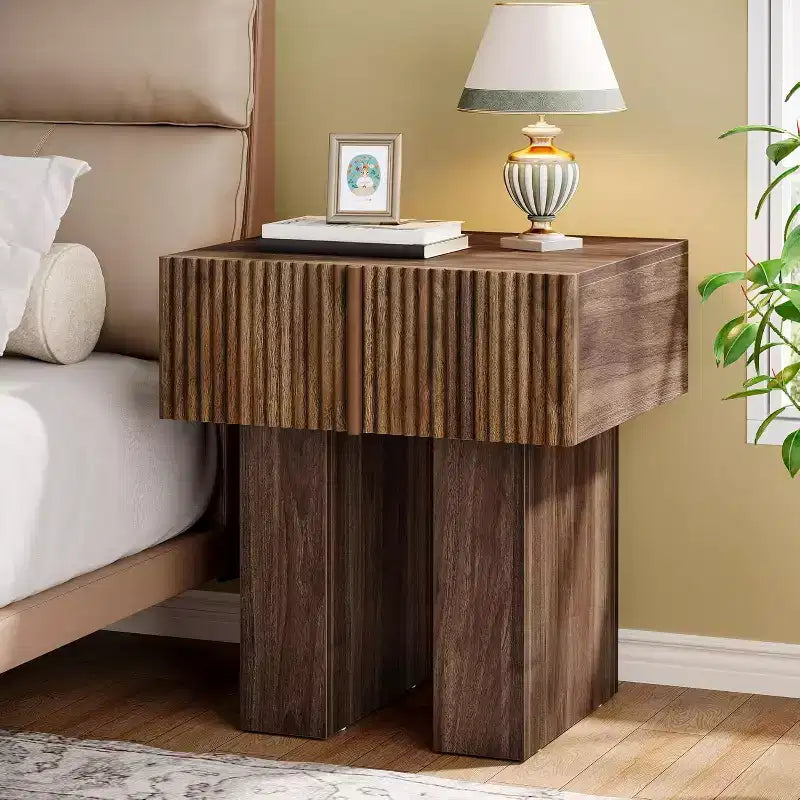 Lantine Table de chevet cannelée, table de nuit en bois avec tiroir de rangement, table d'appoint moderne pour chambre
