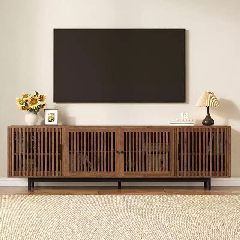 Meuble TV moderne de 78'' pour téléviseurs de 85'', console multimédia, centre de divertissement avec gestion des câbles et charnières à fermeture douce, Noyer - ModernLuxe