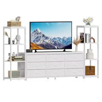 Meuble TV commode avec 9 tiroirs en tissu et 2 étagères de rangement industrielles 4 niveaux pour salon