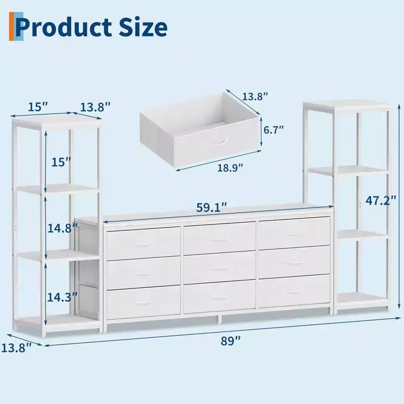 Meuble TV commode avec 9 tiroirs en tissu et 2 étagères de rangement industrielles 4 niveaux pour salon