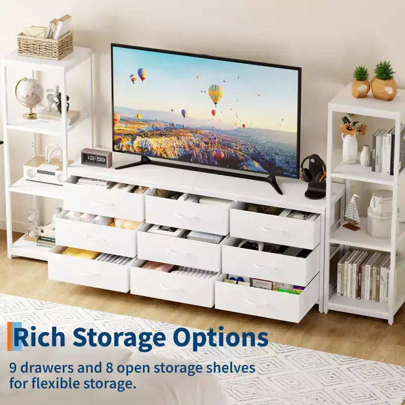 Meuble TV commode avec 9 tiroirs en tissu et 2 étagères de rangement industrielles 4 niveaux pour salon