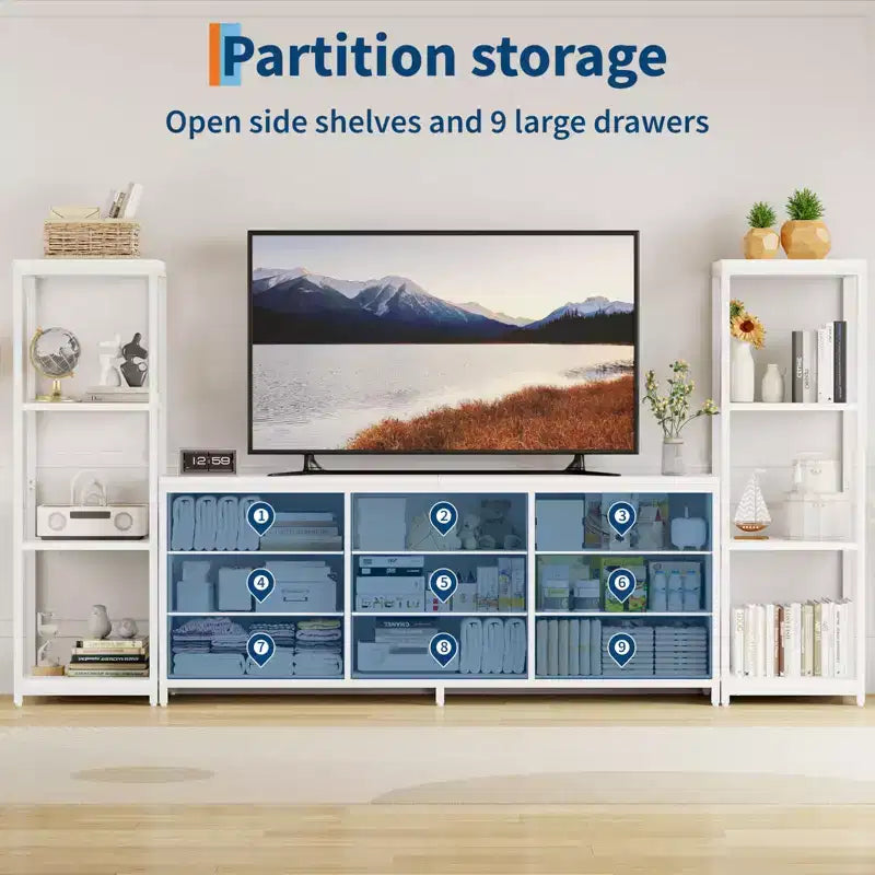 Meuble TV commode avec 9 tiroirs en tissu et 2 étagères de rangement industrielles 4 niveaux pour salon
